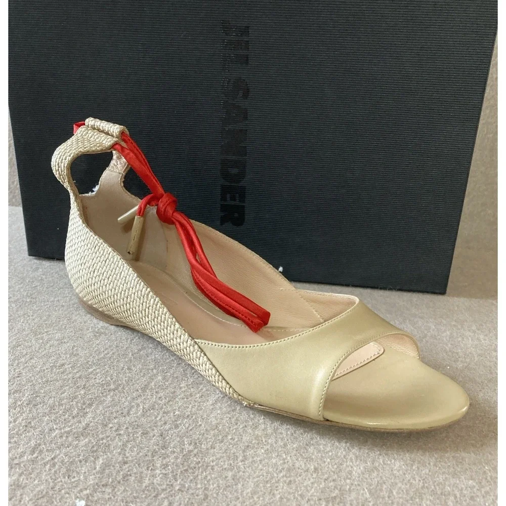 Jil Sander Raffia Woven‎ Sandals Size 35.5 New Wraparound Ankle Flat Italy $550